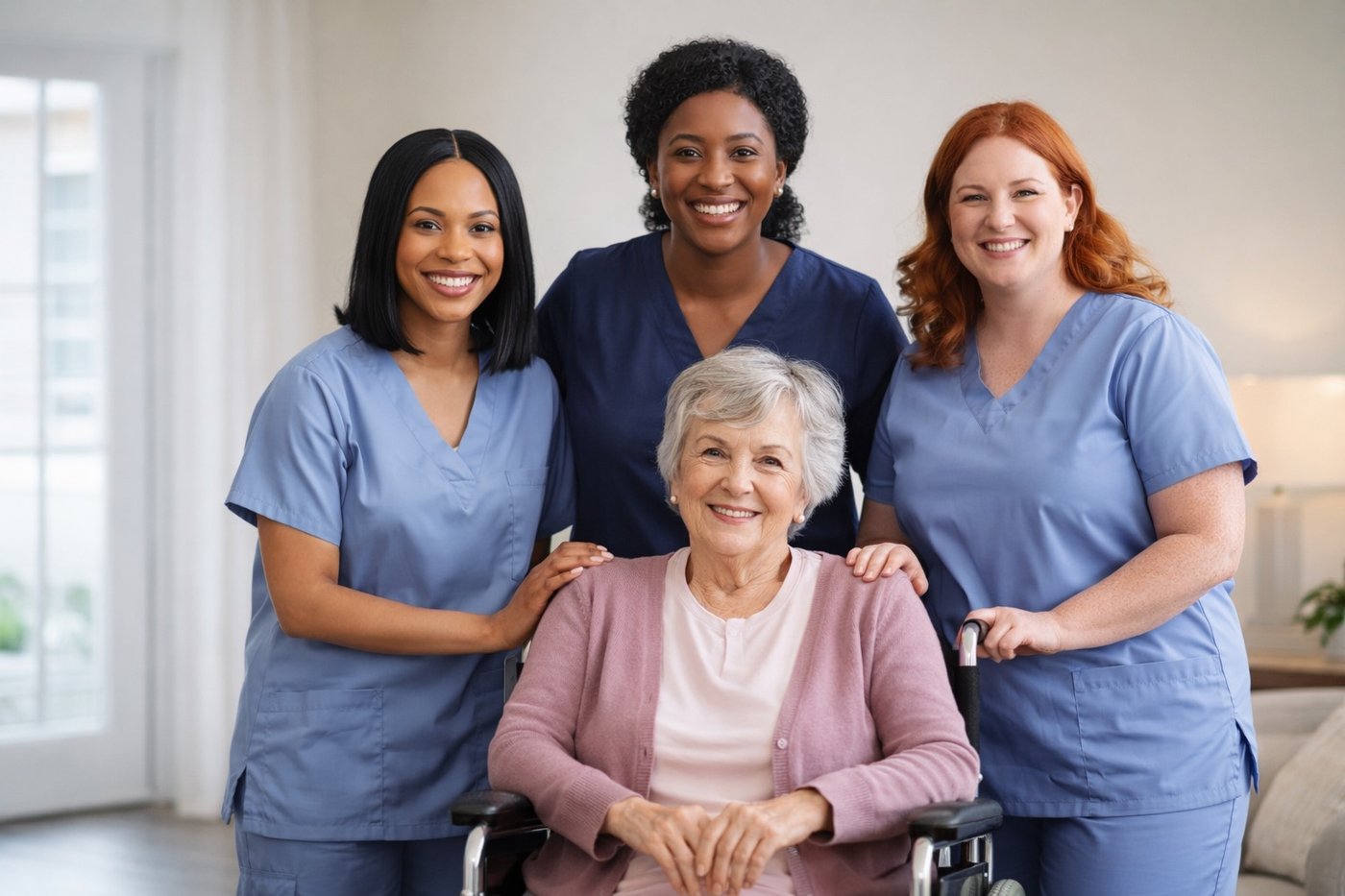 Care team supporting a senior